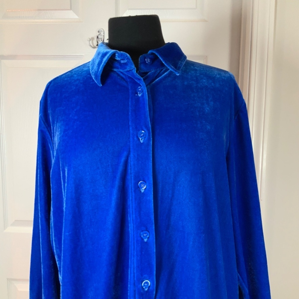 Soft Surroundings Velvet Coastal Blue Boyfriend Long Sleeve Tunic Top Size LP - Picture 3 of 10
